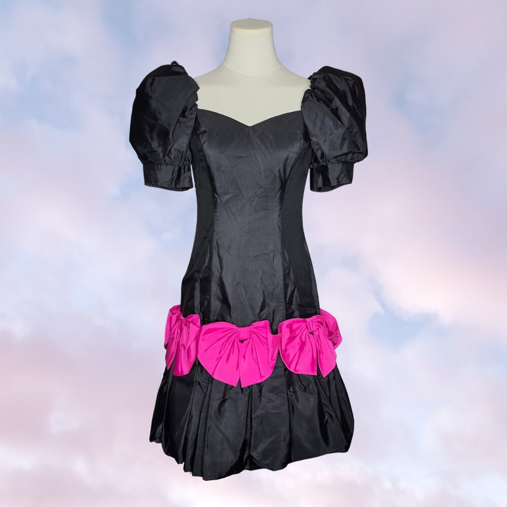 Vtg 80s Union Made Black Hot Pink Bow Off Shoulder Puff Sleeve Prom Dress Sz 3/4